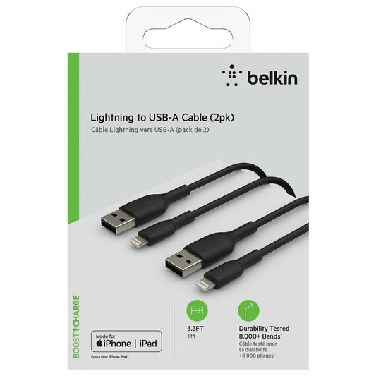 Belkin Lightning-kabel - Boost Charge Lightning/USB-kabel voor iPhone, iPad, AirPods - MFi-gecertificeerde iPhone-laadkabel, zwart 1 meter - 2 stuks - NLMAX