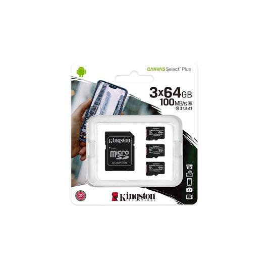 KINGSTON 64GB MICROSDXC CANVAS SELECT 3 STUKS 100R A1 C10 CARD+SD ADAPTER - NLMAX