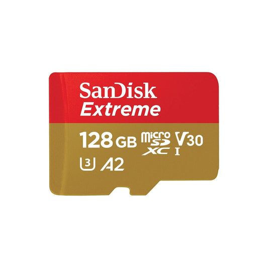 SanDisk Extreme MicroSDXC UHS-I Geheugenkaart 128 GB Met SD Adapter (1 Jaar RescuePRO Deluxe, Leessnelheden Tot 190 MB/s, A2, C10, V30, U3, 30 Jaar Garantie) Rood/Goud - NLMAX